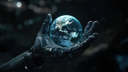 Two advanced robotic hands delicately cradle a vibrant digital globe, symbolizing a connection between technology and the planet. The backdrop features a cosmic environment, enhancing the contrast