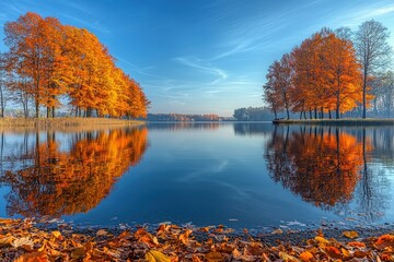 Obraz premium Tranquil autumn lake scene with vibrant foliage and blue sky reflections