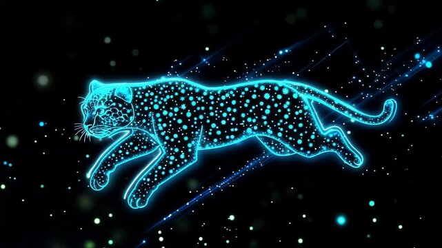 Neon Leopard Animation with Dynamic Motion and Sparkling Effects