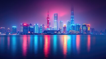 Fototapeta premium Vibrant nighttime cityscape reflected in calm water.