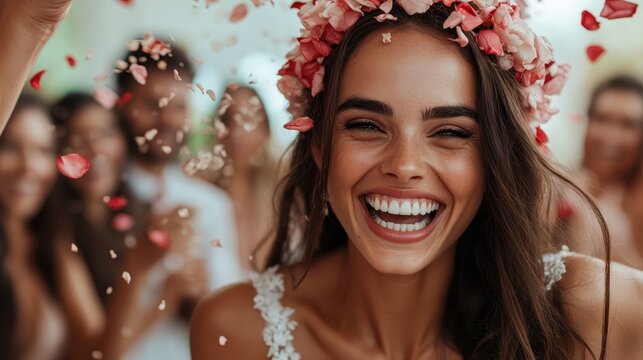 A delighted bride beams with laughter, adorned in a pink flower crown as petals elegantly float around her, embodying joy and vibrant celebration on her special day.