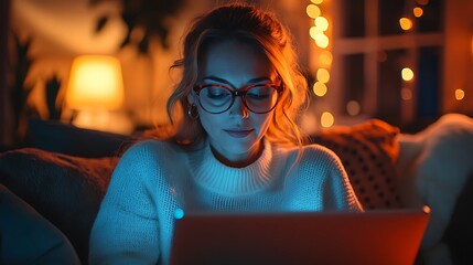 Obraz premium Quiet evening work session cozy living room lifestyle indoor close-up