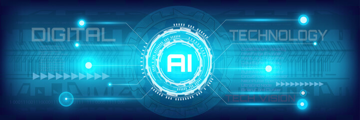 Obraz premium Vector abstract digital background showcasing AI and high-tech concepts, featuring blue light and cyberspace elements, perfect for technology and innovation themes. 