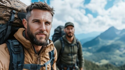 Fototapeta premium Two hikers, equipped with backpacks, trek through a scenic mountain landscape under a bright, clear sky, embracing adventure and the beauty of nature.