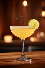  Un c&oacute;ctel amarillo claro en una copa, decorado con una rodaja de lima, con detalles de burbujas visibles.
