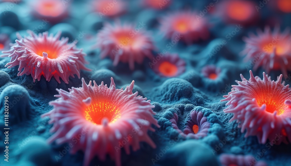 Poster Scanning electron micrograph apoptotic cells with unusual shapes, fragmented nuclei. Cells display irregular forms, vibrant colors. Apoptotic cell death process visible. Microscopic view of molecular