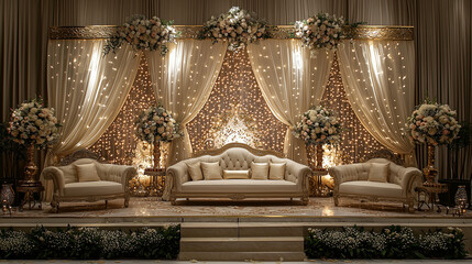 Obraz premium Glamorous Wedding Stage: A luxurious and romantic wedding ceremony stage adorned with elegant drapes, shimmering lights, and lush floral arrangements.