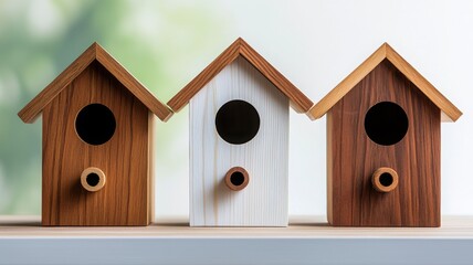 Three charming birdhouses in brown and white, featuring simple designs, sit against a soft, blurred background, ideal for garden decor.
