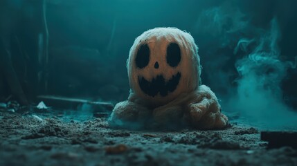 A tiny ghostly figure with a friendly yet spooky pumpkin-like face sits surrounded by swirling fog, radiating Halloween vibes in a mysterious, ethereal setting.