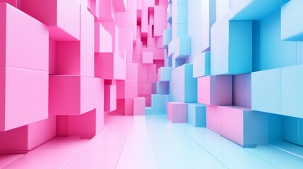 Obraz premium Abstract pastel pink and blue cube tunnel background.