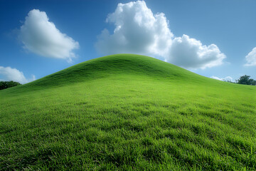 Fototapeta premium Lush green hill under a vibrant blue sky with fluffy white clouds.