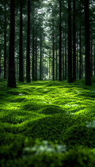 Obraz premium Lush green moss carpet in a sun-dappled pine forest.