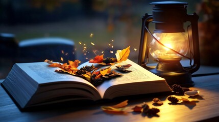 Autumn leaves magically emerge from an open book illuminated by a lantern.