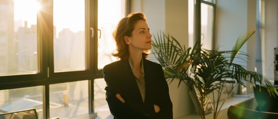 A poised individual gazes thoughtfully through sunlit windows, embodying confidence and ambition against a backdrop of an open, green-filled office space.