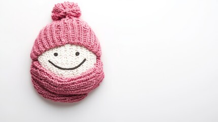 a smiling face concept made out of winter clothes. red-pink colour palette, white background 