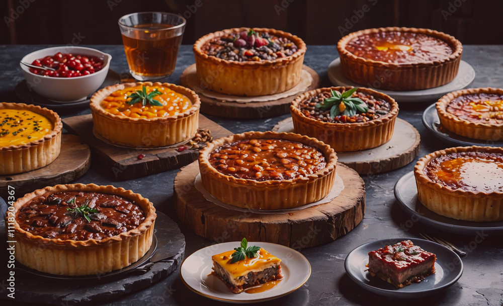 Poster Table with many different types of pies and cakes. Some of the pies are filled with beans and some are filled with fruit