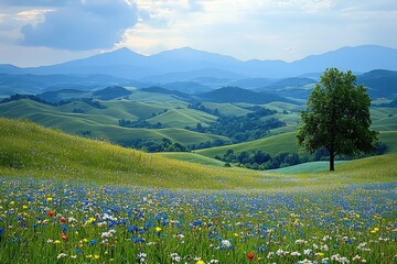 Obraz premium Vibrant spring landscape: rolling hills, wildflowers, and majestic mountains