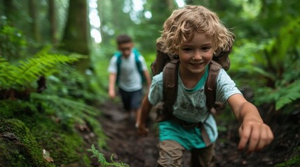 A child energetically traverses a forest trail with a look of excitement and engagement, their backpack bouncing as they embody joy and adventure in nature.