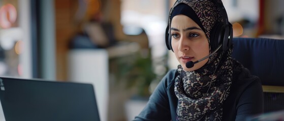 Obraz premium A woman in a patterned headscarf uses a headset while focused on her laptop, set in a bright office space, depicting professionalism and concentration.