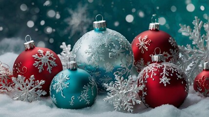 Festive christmas ornaments advent celebration holiday holidays banner greeting card. Blue christmas background with snowflakes and christmas balls	