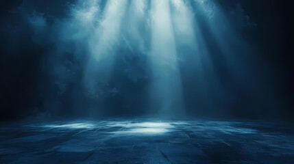 Ethereal blue spotlight beams misty stage floor atmospheric void background. Void. Illustration
