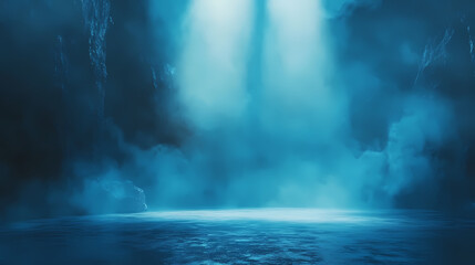 Ethereal blue spotlight beams misty stage floor atmospheric void background. Void. Illustration