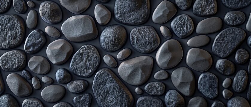 Neatly arranged, smooth grey stones create a serene, textured tableau, evoking a sense of natural harmony and balance.