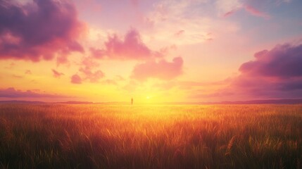 A breathtaking sunset paints the sky in vibrant hues above a sprawling field. A solitary figure stands in the foreground, captivated by the natural beauty, lost in thought as day transitions to night