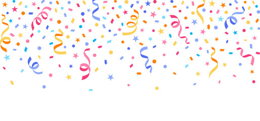 Colorful confetti border frame horizontal seamless pattern. Great for celebrations, birthday invites, carnival events invitations or decor. Full Vector Pattern