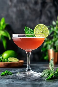 Copa de c&oacute;ctel con bebida rojiza, decorada con rodaja de lima y hojas de menta. Fondo natural y oscuro.
