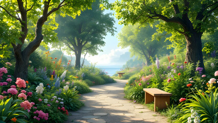 Fototapeta premium A sundrenched garden path winds through vibrant flowers, leading to a wooden bench overlooking a calm ocean. Lush greenery and majestic trees frame the idyllic scene.