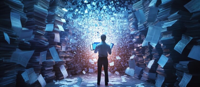 Man overwhelmed by paperwork, standing in a tunnel of documents.