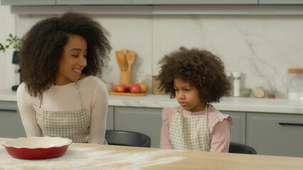 African American family custody adopted child smiling mother woman mom talking to sad upset frown...