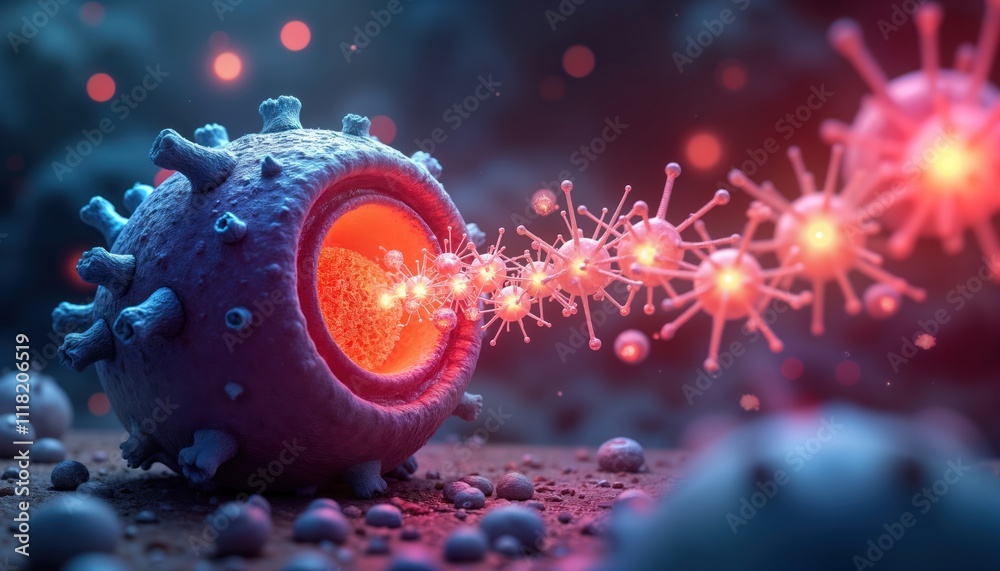 Poster Macrophage engulfs microorganism. Specialized compartment forms around particle. Ingested particles break down inside compartment. Medical illustration shows phagosome formation. Scientific research