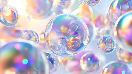 Iridescent crystal spheres floating in white void refracted light creates rainbow prisms abstract geometric composition with various sizes and depths. Void. Illustration