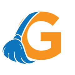 Initial Cleaning Logo On Letter G Combine With Cleaning Brush Symbol Concept For Cleaning Service, Repair and House Maintenance Sign