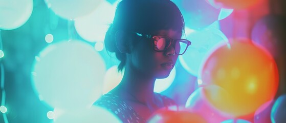 Fototapeta premium A young person, illuminated by vibrant, colorful lights, gazes contemplatively into the distance amidst balloons.