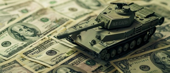 A toy tank rests on a pile of money, creating a striking contrast between war and wealth, encouraging reflection on their complex relationship.