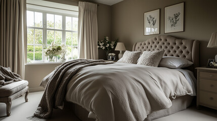 Traditional bedroom with tufted headboard and soft lighting
