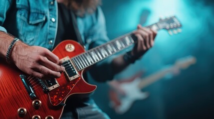 A close-up shot of a musician passionately playing an electric guitar on stage surrounded by vibrant blue lights, capturing the essence of a live rock concert.