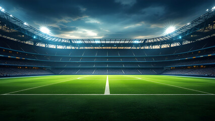 A nighttime view of an empty soccer stadium with bright lights illuminating the green field and empty seats. The atmosphere is dramatic and evocative.