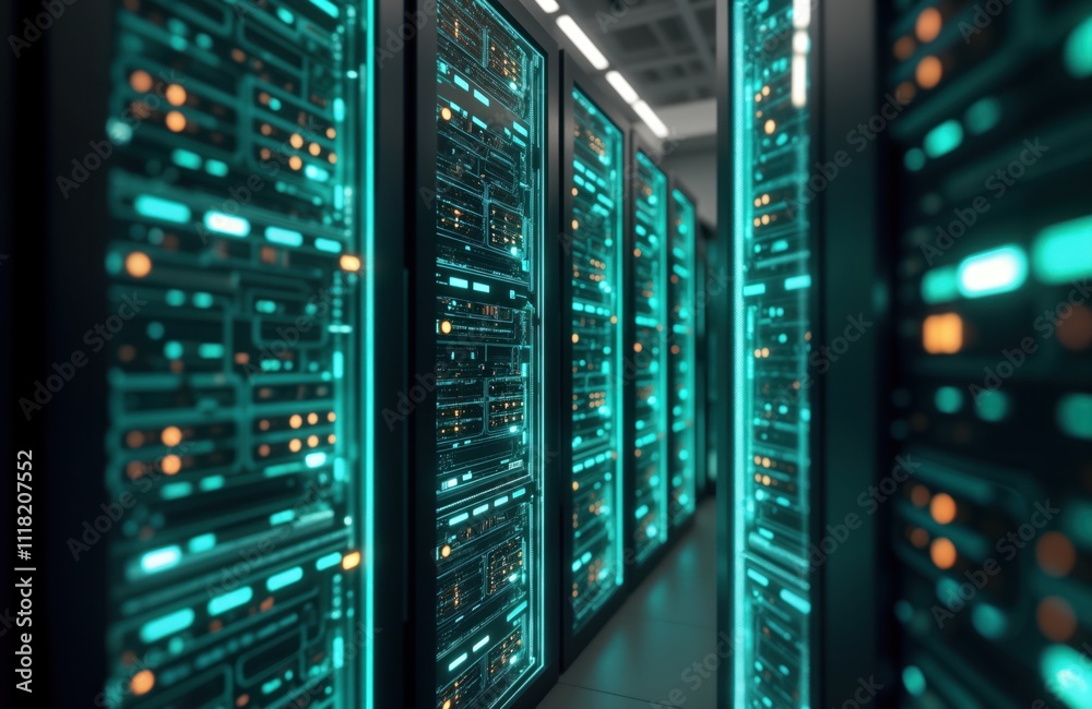 Leinwandbilder Modern data center. Rows of tech servers glow with bright turquoise light. Information processing activity. Cool network infrastructure. Advanced digital age. Powerful tech. Futuristic tech design.