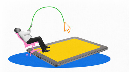 Contemporary art collage. Man sitting in pink chair, fishing for pixelated cursor over yellow tablet, symbolizing creative online strategies. Concept of social media marketing, digital, communication.