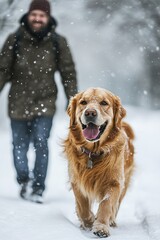 Golden Retriever enjoying a snowy winter walk with its owner in the picturesque forest.