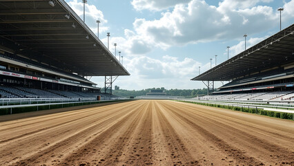 A deserted horse racing track on a sunny day. Empty grandstands under large canopies flank a wellmaintained dirt track.