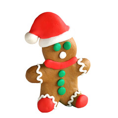 Gingerbread man - Christmas clay element in naive childish style. Isolated raster plasticine toy.