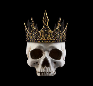 Human skull with ancient golden crown isolated on black background