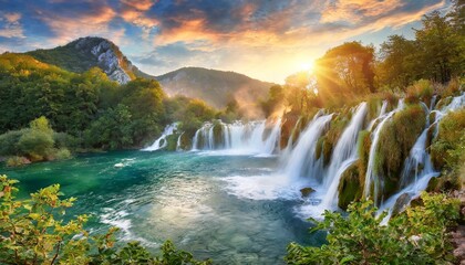  Amazing nature landscape, beautiful waterfall at sunrise, famous Skradinski buk, one of the most beautiful waterfalls in Europe and the biggest in Croatia, outdoor travel ... See © Baloch
