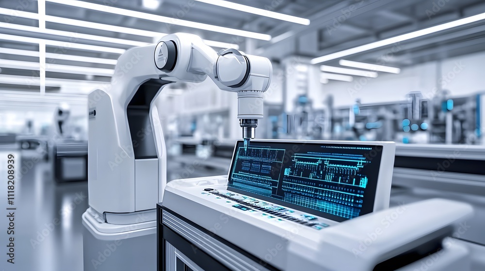 Poster industrial automation: visualize a futuristic factory floor with advanced control systems, showcasin
