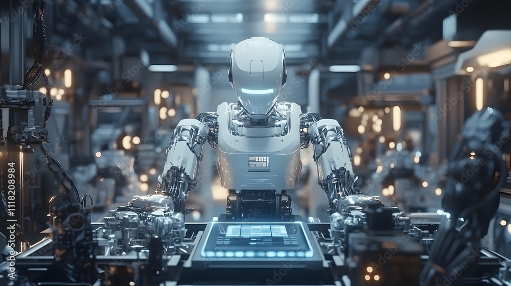 Poster industrial automation: visualize a futuristic factory floor with advanced control systems, showcasin